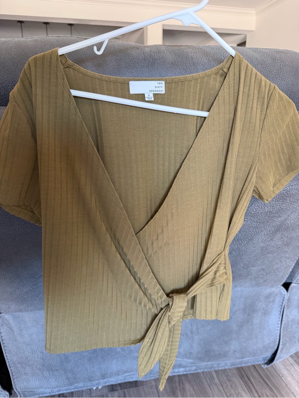 Ten Sixty Sherman Olive Ribbed Tie-Front Wrap Top